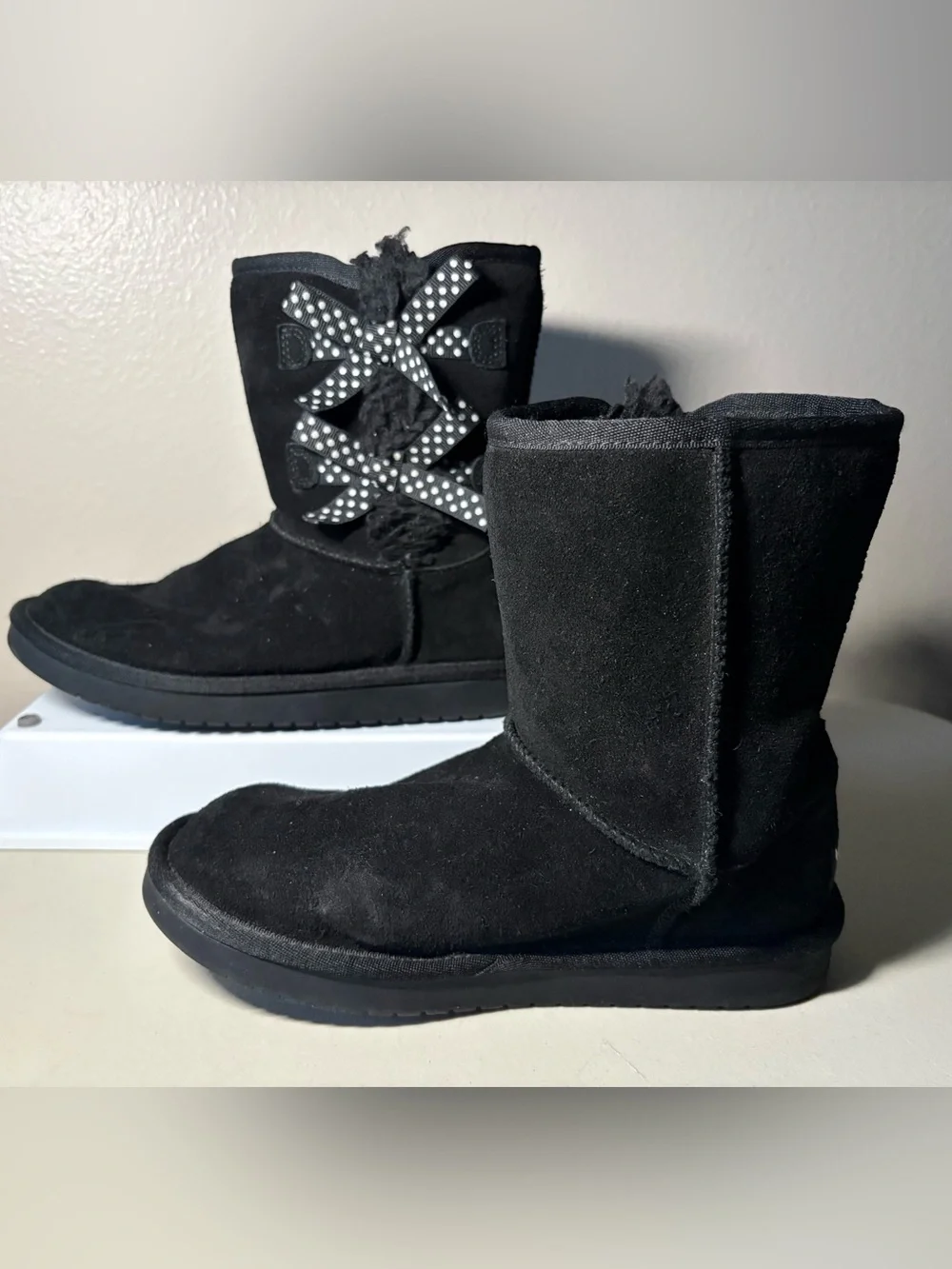 Koolaburra Black Faux-Suede Shearling-Lined Polka Dot Ribbon Booties